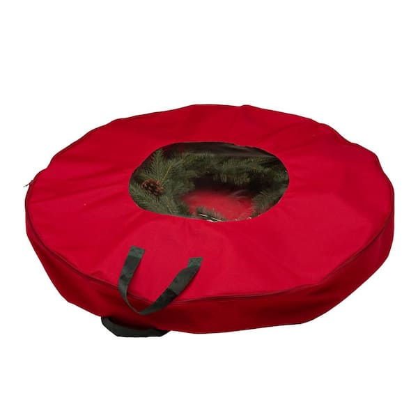 Glitzhome 36 in. Dia x 5 in. H Red Canvas Christmas Wreath Storage Bag with Zipper and PVC Window Fits Wreath up to 36 in.