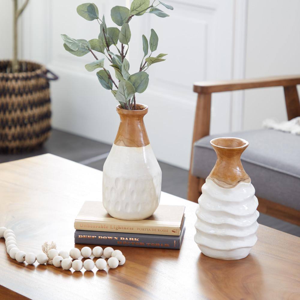Handmade White Teak Wood Ripple Texture Vase Set, 5.5" x 9.9"