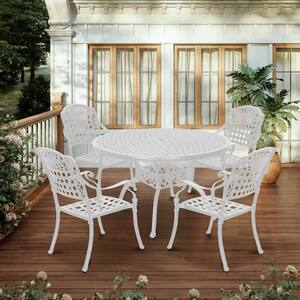 White 5 Pieces Cast Aluminum Patio Dining Set with Carved Pattern