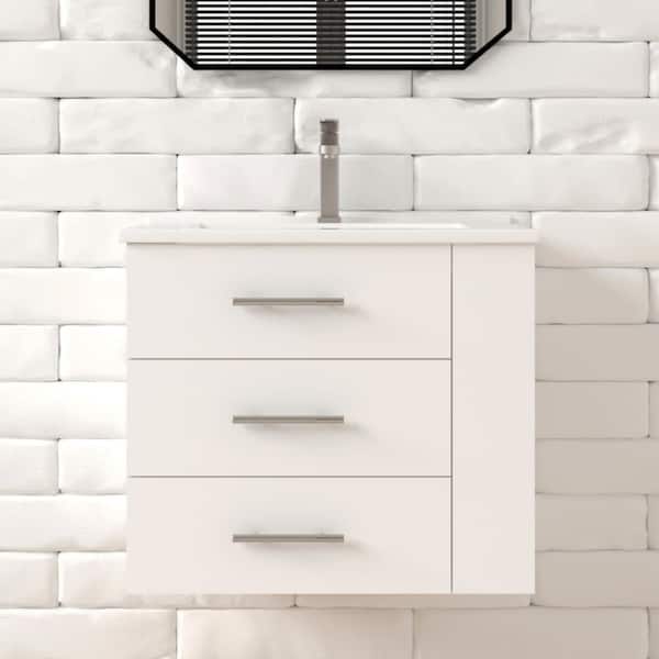 Rita 24.25 in. Single Sink Wallmount Bath Vanity with White Ceramic Countertop in Matte White with Right Side Shelf