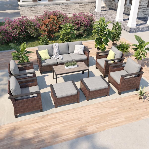 8 Pieces All-Weather PE Brown Wicker Patio Conversation Set with Coffee Table with Linen Grey Cushion