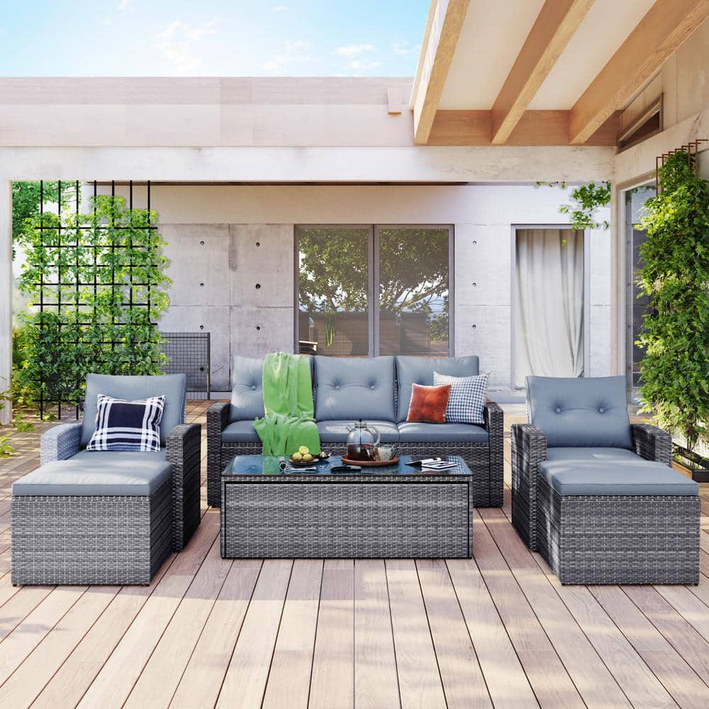 6-piece Dark grey Wicker Patio Outdoor Dining Conversation Sectional Set wi