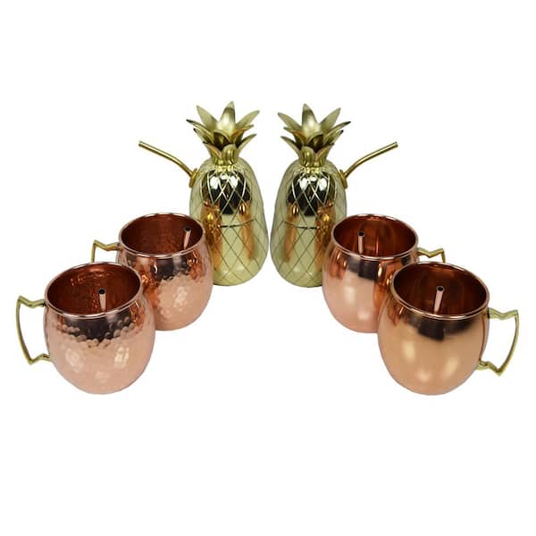 Oakland Living Handcrafted Six Piece Party Set 100% Copper 17 oz. Mule Cups and Two 16 oz. Brass Pineapple Cup Shakers, 6-Straws