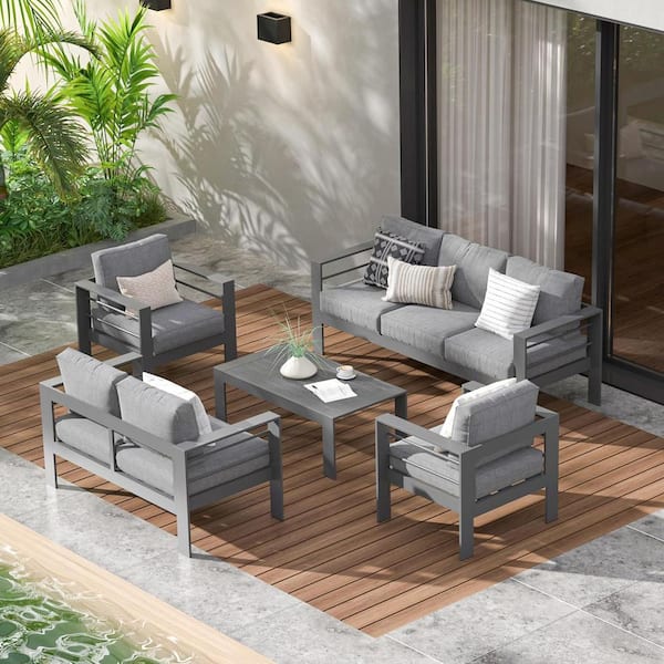 AUTMOON 5-Piece Outdoor Aluminum Patio Furniture Set, Patio Conversation Set with Dark Gray Cushion and Coffee Table