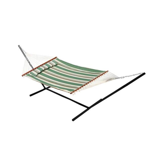 Smart Garden Nantucket 156 in. Quilted Cotton Reversible Double Hammock with Matching Pillow in Elm Green Stripe