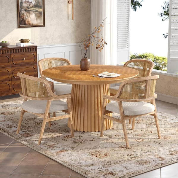 Lea Mid-Century Modern Beige Plus Natural Fabric Dining Chairs with Rattan Cane Back, Rubber Wood Legs, (Set of 4)