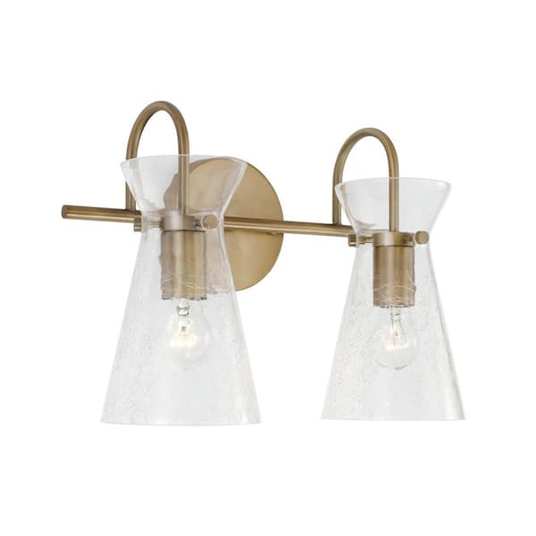 Mila 14 in. W x 11 in. H 2-Light Aged Brass Vanity Light with Clear Half-Crackle Glass