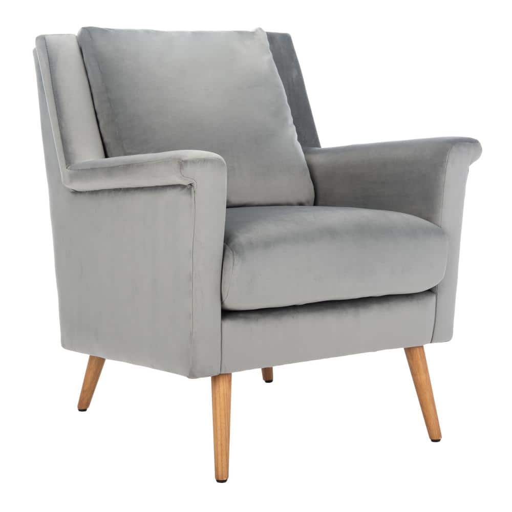 Stone Velvet and Natural Oak Mid-Century Modern Accent Chair