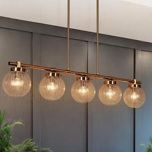Modern Brass 38 in. W Island Chandelier Linear Candlestick Hanging Ceiling Light with Globe-Cracked Glass Shades