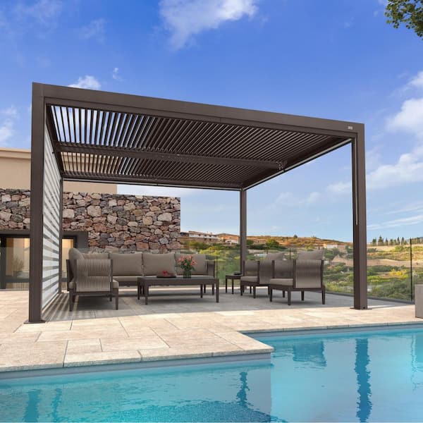 11 ft. x 13 ft. Bronze Aluminum Frame Louvered Pergola with Individual Adjustable Roofs and 1-Short Side Roller Shades