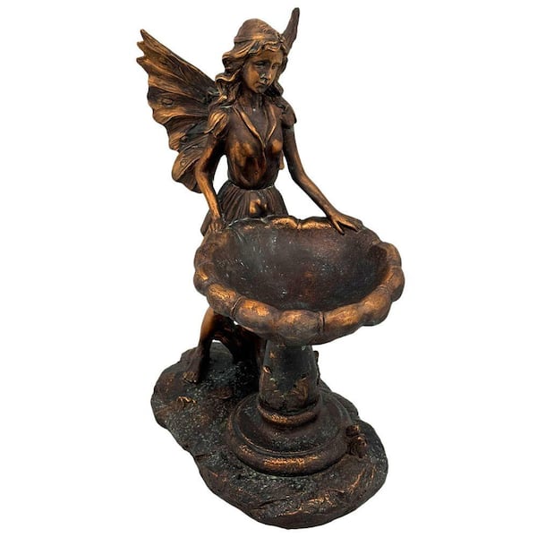Galt International Bronze Finish Resin Fairy Bird Feeder Garden Statue 14 in.
