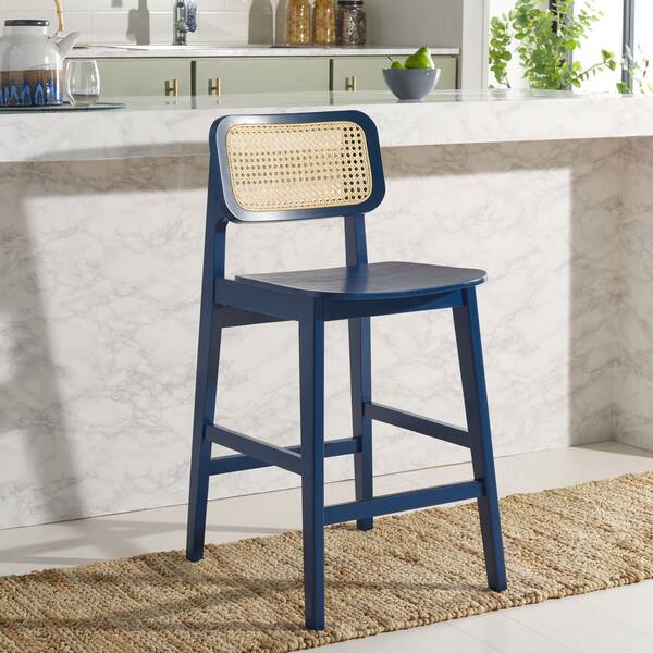 Luz 38.9 in. H Navy/Natural Rattan Bar Stool