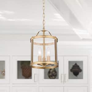3-Light Brushed Gold Finish Metal Pendant Light Fixture with Clear Glass Shade for Kitchen Island Dining Room
