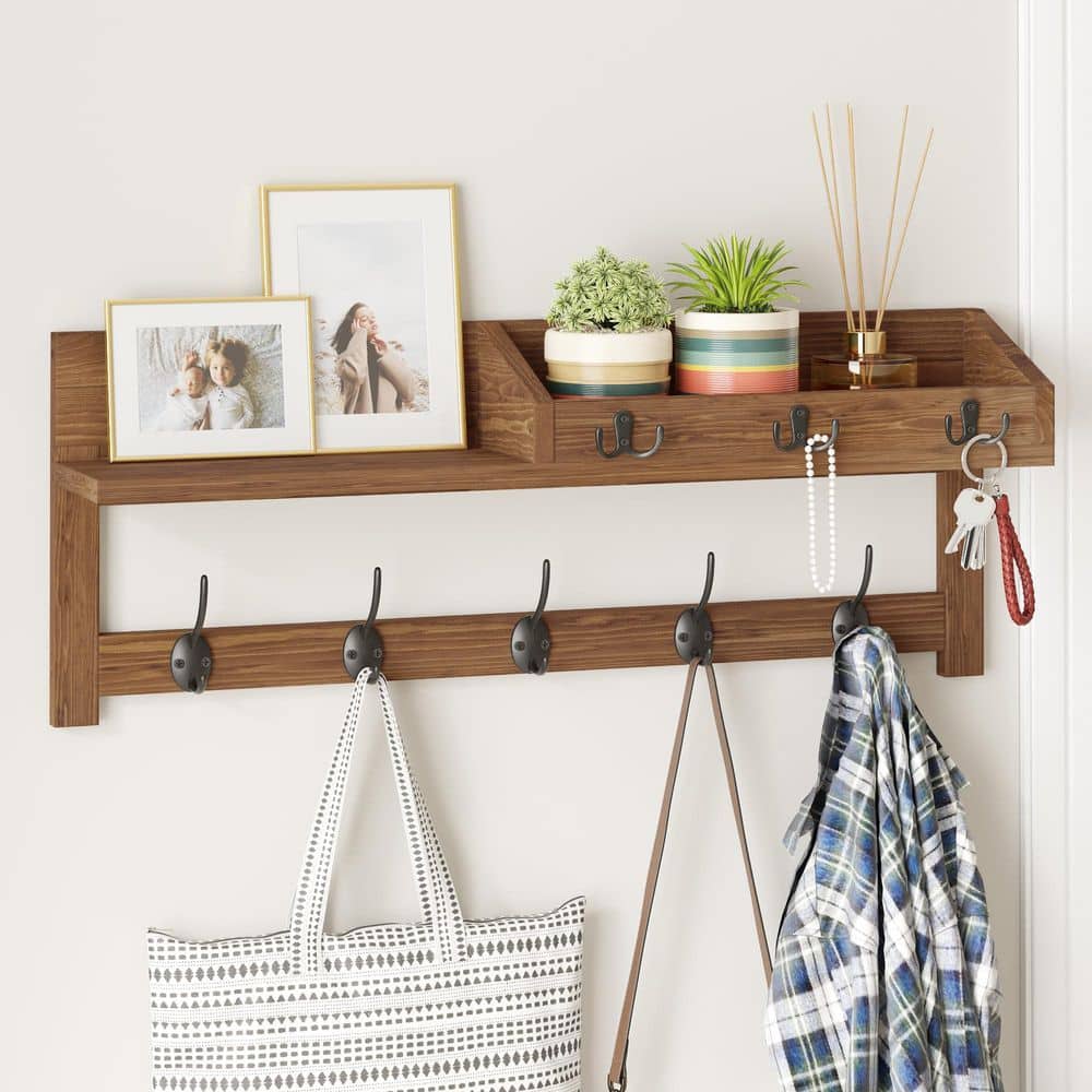 26.57 in. Entryway Wood Coat Hooks with 5 Dual Hooks, Wall Mount Coat Rack for Home, Brown