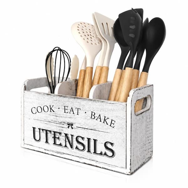 White Paulownia Wooden 3-Compartment Countertop Kitchen Utensil Holder with Removable Cover