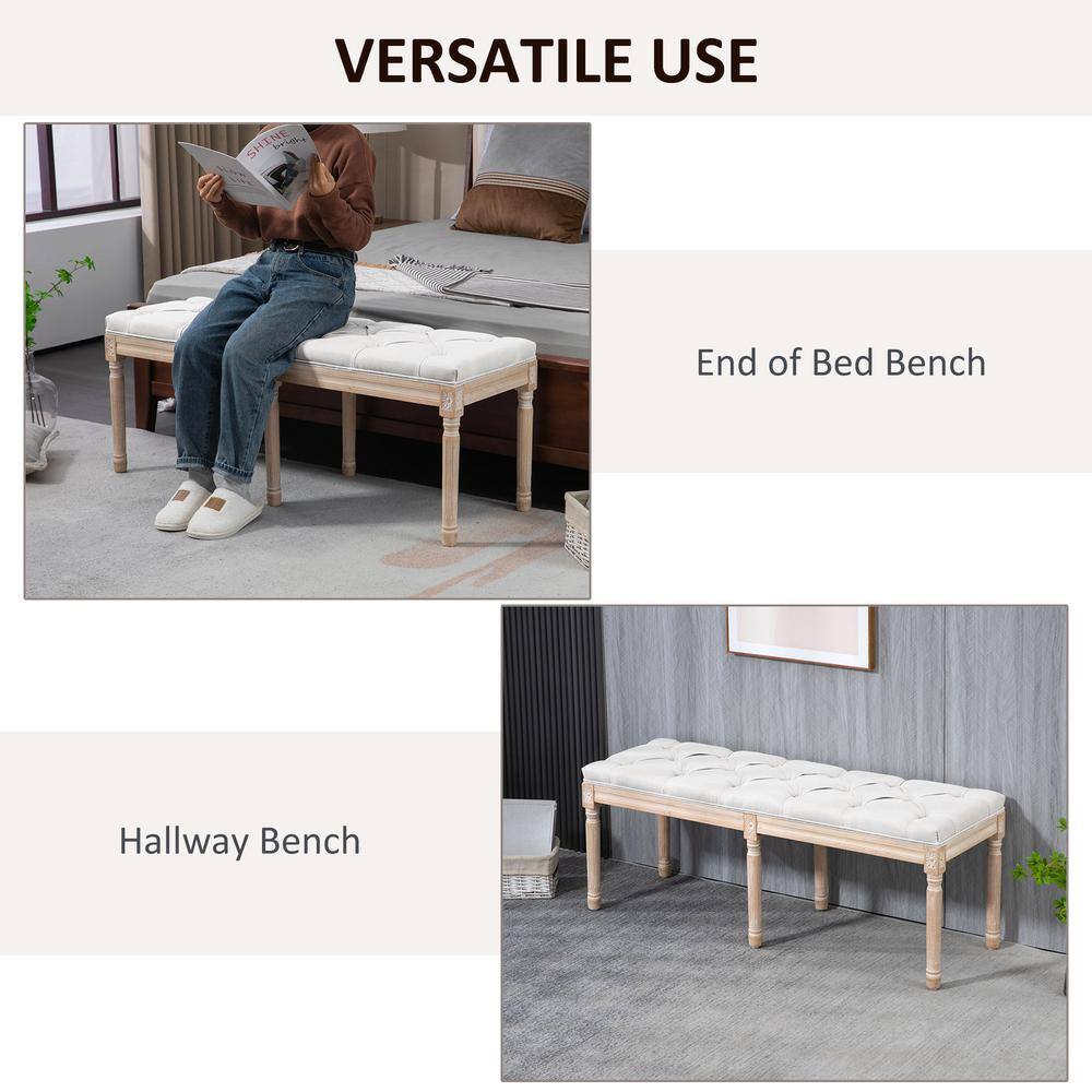 Cream Linen Upholstered Tufted Bedroom Bench with Wood Legs
