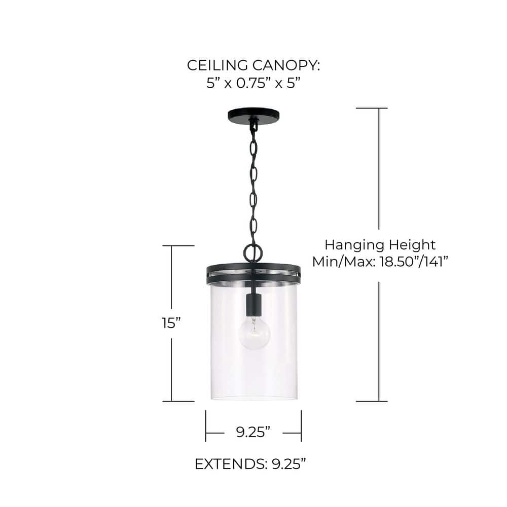 Fuller Matte Black and Clear Glass Single Pendant Light