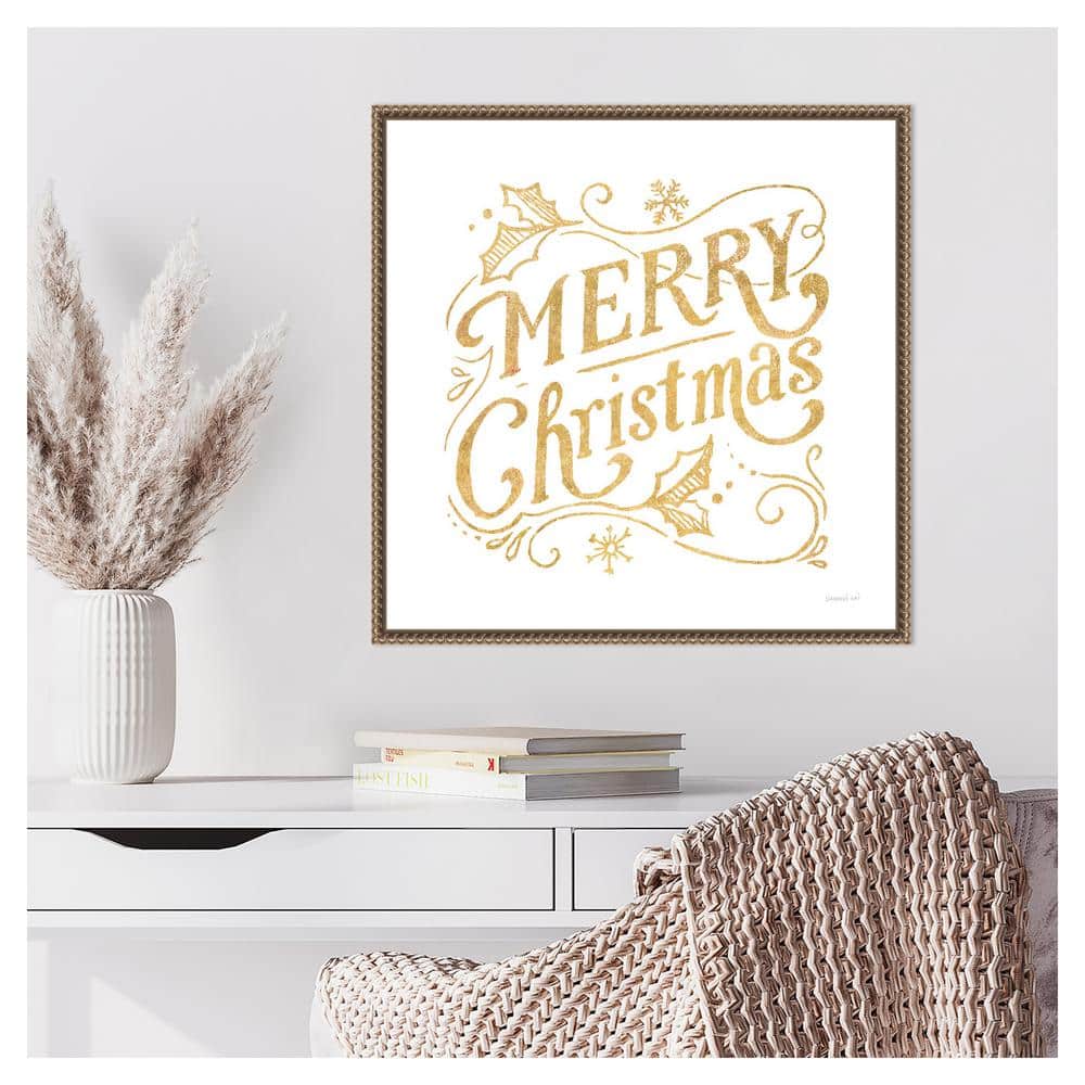 Gold Merry Christmas Quote Canvas Print with Beaded Frame