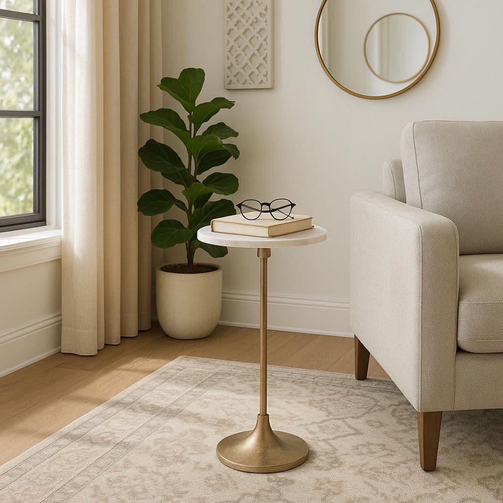 10 in. White Round Marble Top with Modern Gold Metal Base Drink Table