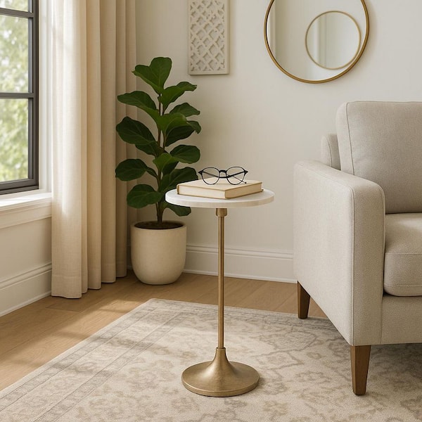 10 in. White Round Marble Top with Modern Gold Metal Base Drink Table