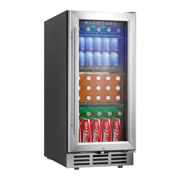 15 in. Single Zone 127-Cans Undercounter Freestanding/Built-in Beverage and Wine Cooler in Black, Visible Glass Door