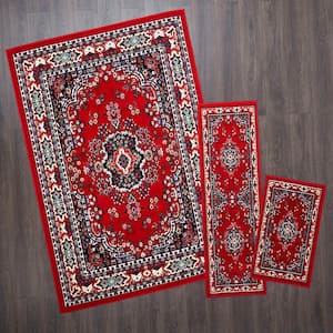 Ariana Red/Blue 5 ft. x 7 ft. 3-Piece Oriental Area Rug Set