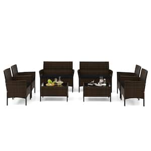 8-Piece Wicker Patio Conversation Set with Chair Loveseat and Tempered Glass Table Black Cushions