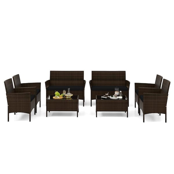 HONEY JOY 8-Piece Wicker Patio Conversation Set with Chair Loveseat and Tempered Glass Table Black Cushions