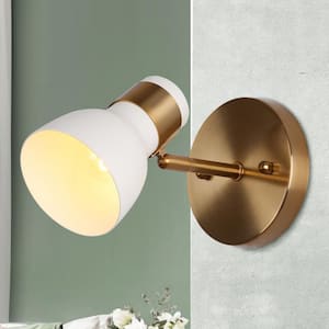 Suddly 1-Light Modern Brass Gold Indoor Wall Sconce, 4.7 in. Industrial Vanity Light with White Metal Shade for Bedroom