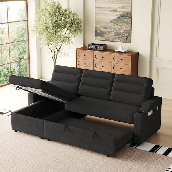 aisword Black 83.5" Convertible Polyester Sleeper Full Size Sofa Bed with Pullout Bed, Storage Recliner & Cup Holders