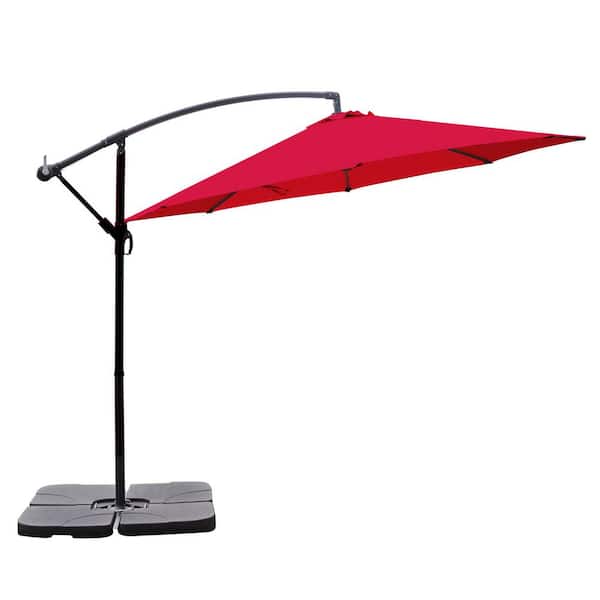 10 ft. Steel Cantilever Offset Patio Umbrella in Red with Crank and Base