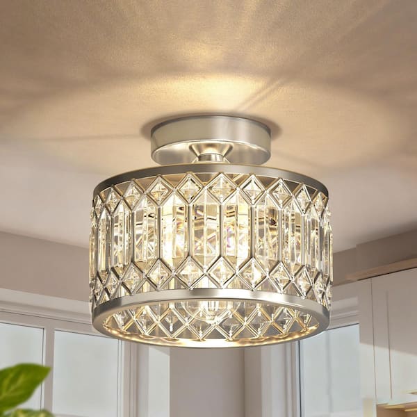 9 in. 1-Light Crystal Brushed Nickel Semi Flush Mount Ceiling Light, Modern Round Fixture for Entryway, Kitchen