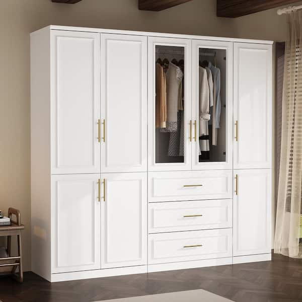 3-Combination White Wood 79.1 in. W 8-Door Big Armoires with Hanging Rods, Drawers, Shelves 74.8 in. H x 19.3 in. D