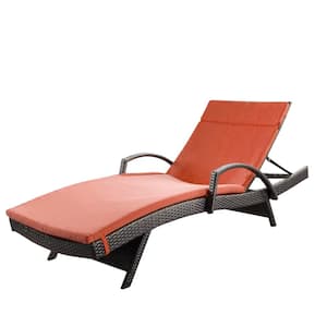 Miller Multi-Brown Faux Rattan Outdoor Chaise Lounge with Orange Cushion and Armrest