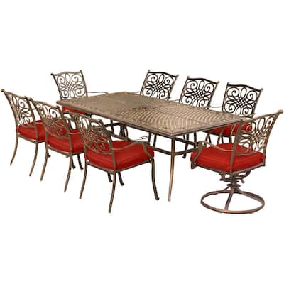 Traditions 9-Piece Aluminum Outdoor Dining Set with 2 Swivel Rockers with Red Cushions