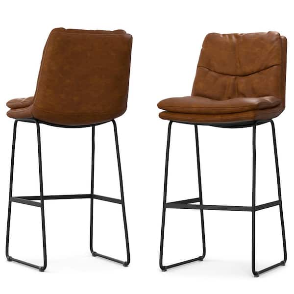 Simpli Home Danika 29 in. Mid Century Modern Metal Bar Stool (Set of 2) in Camel Brown Vegan Faux Leather
