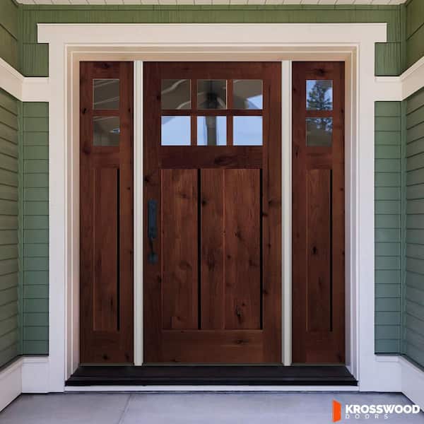 64 in. x 80 in. Knotty Alder Right-Hand/Inswing 6Lite Beveled Clear Glass Red Mahogany Stain Wood Prehung Front Door DSL