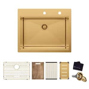 27 in. Drop-In Single Bowl 18-Gauge Gold Stainless Steel Workstation Kitchen Sink with Accessories