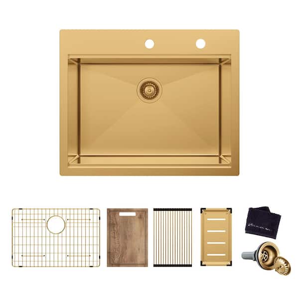 27 in. Drop-In Single Bowl 18-Gauge Gold Stainless Steel Workstation Kitchen Sink with Accessories