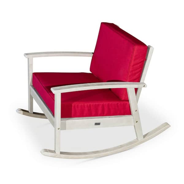 Zeus & Ruta Driftwood Gray Finish Eucalyptus Wood Outdoor Rocking Chair with Burgundy Cushion for Garden, Patio, Poolside, Backyard