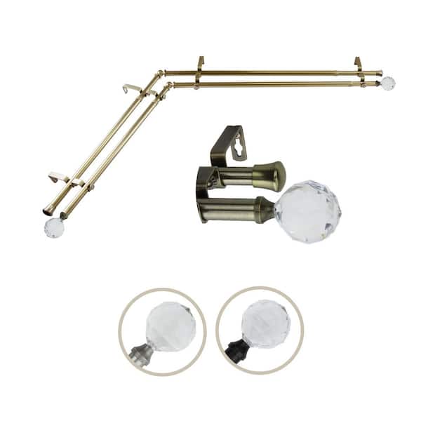 13/16" Dia Adjustable 28" to 48" Double Corner Window Curtain Rod in Antique Brass with Faceted Finials