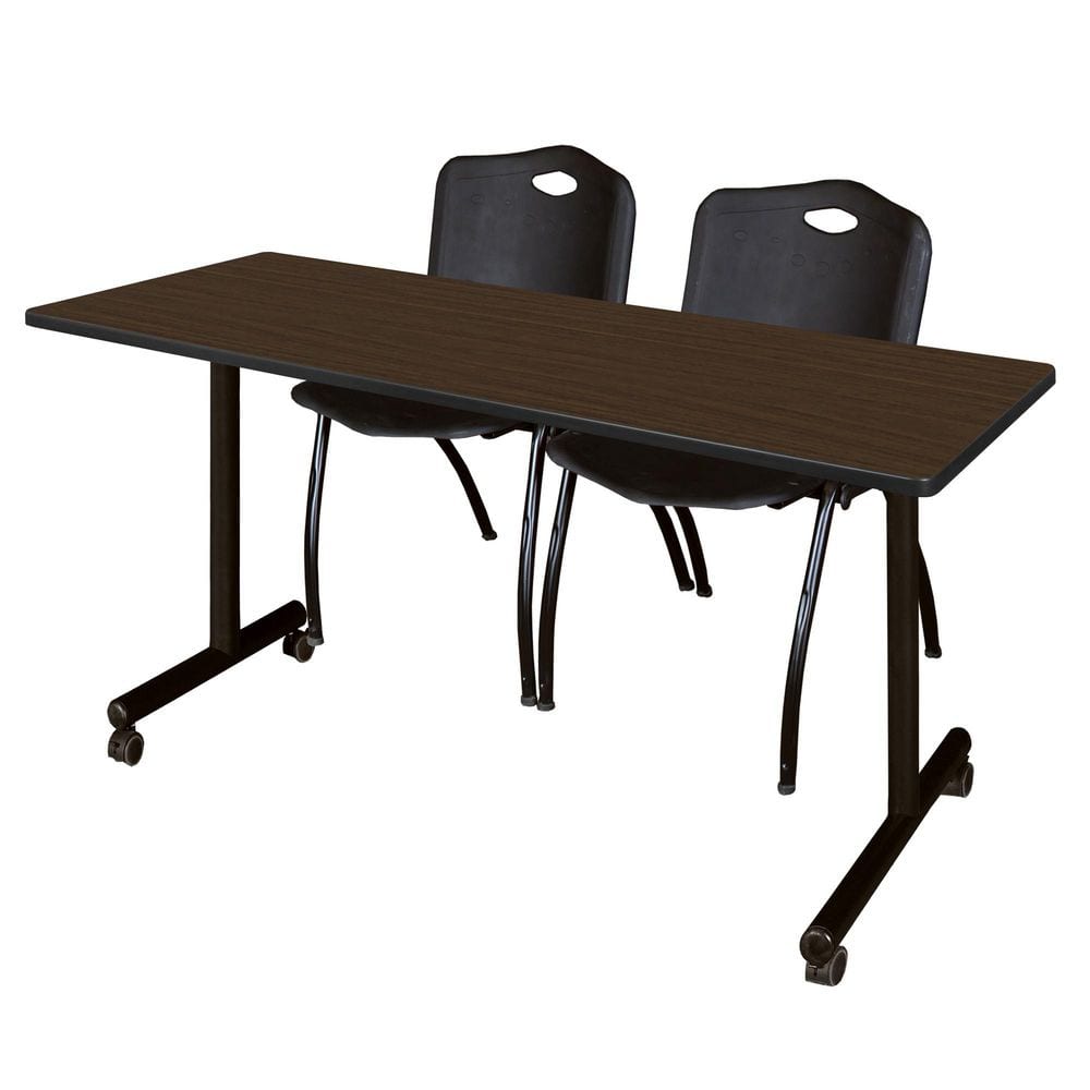 Kobe 60 in x 24 in. Neo Walnut Mobile T-Base Training Table Desk, 2 M Stack Chairs-Black