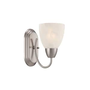 Torino 5 in. 1-Light Brushed Nickel Transitional Wall Sconce with Alabaster Glass Shade