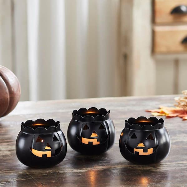 VHC BRANDS 3 in. Black Jack-O-Lantern Halloween Candle Holder (Set