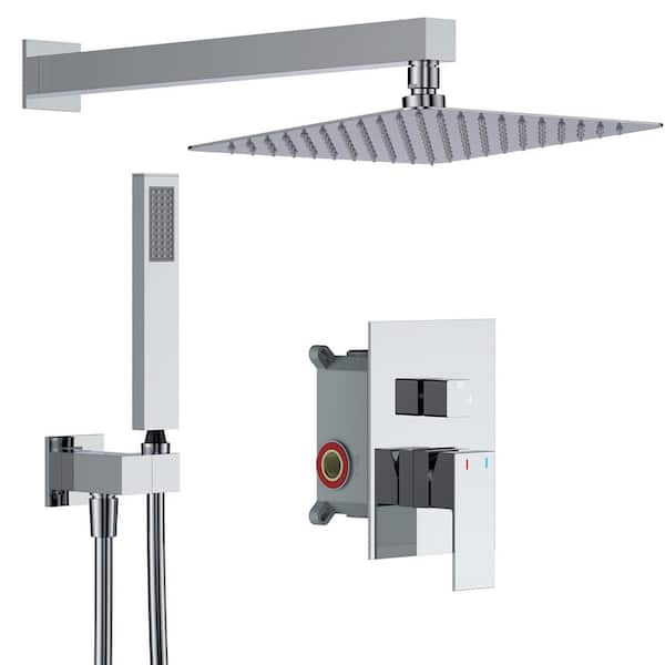 GIVING TREE 2-Spray Patterns 12 in. Square Dual Shower Heads Wall Mount Fixed and Handheld Shower Head in Chrome