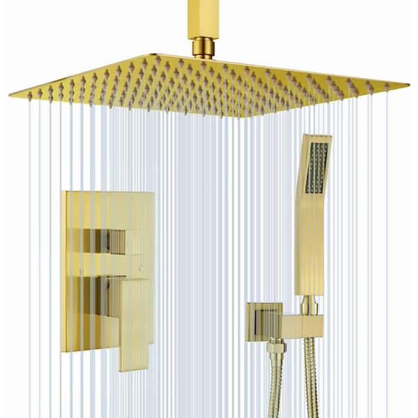 PROOX 2-Handle 2-Spray Ceiling Rain Shower Faucet with High Pressure 12 inch Shower Head in Brushed Gold(Valve Included)