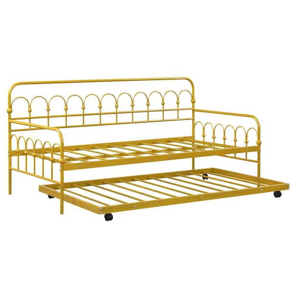 Gold Twin Size Daybed with Trundle Space-Saving Sofa Bed Lockable Wheels Gold