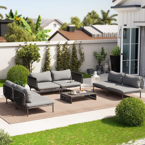 Crestlive Products 6-Piece Drawcord Metal Outdoor Sectional Set with Dark Gray Cushions