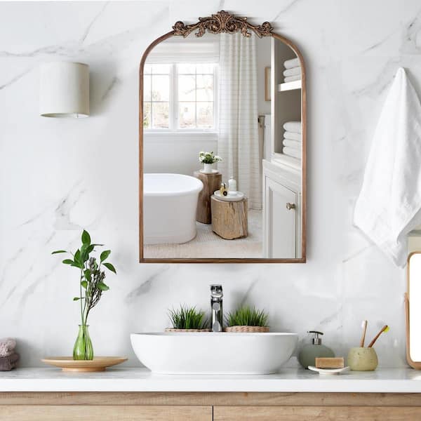 24 in. W x 36 in. H Baroque Carved Antique Gold Arched Framed Wall Bathroom Vanity Mirror