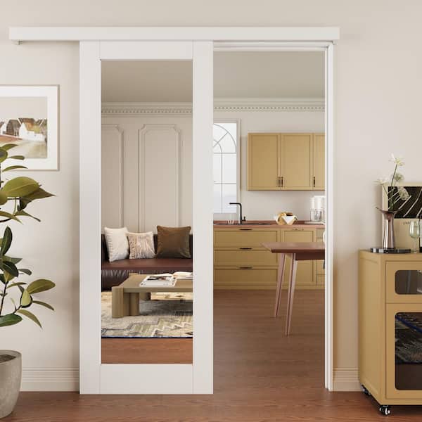 30 in. x 80 in. Hidden Track Style 1-Lite Mirrored Glass White Primed MDF Sliding Barn Door with Hardware Kit